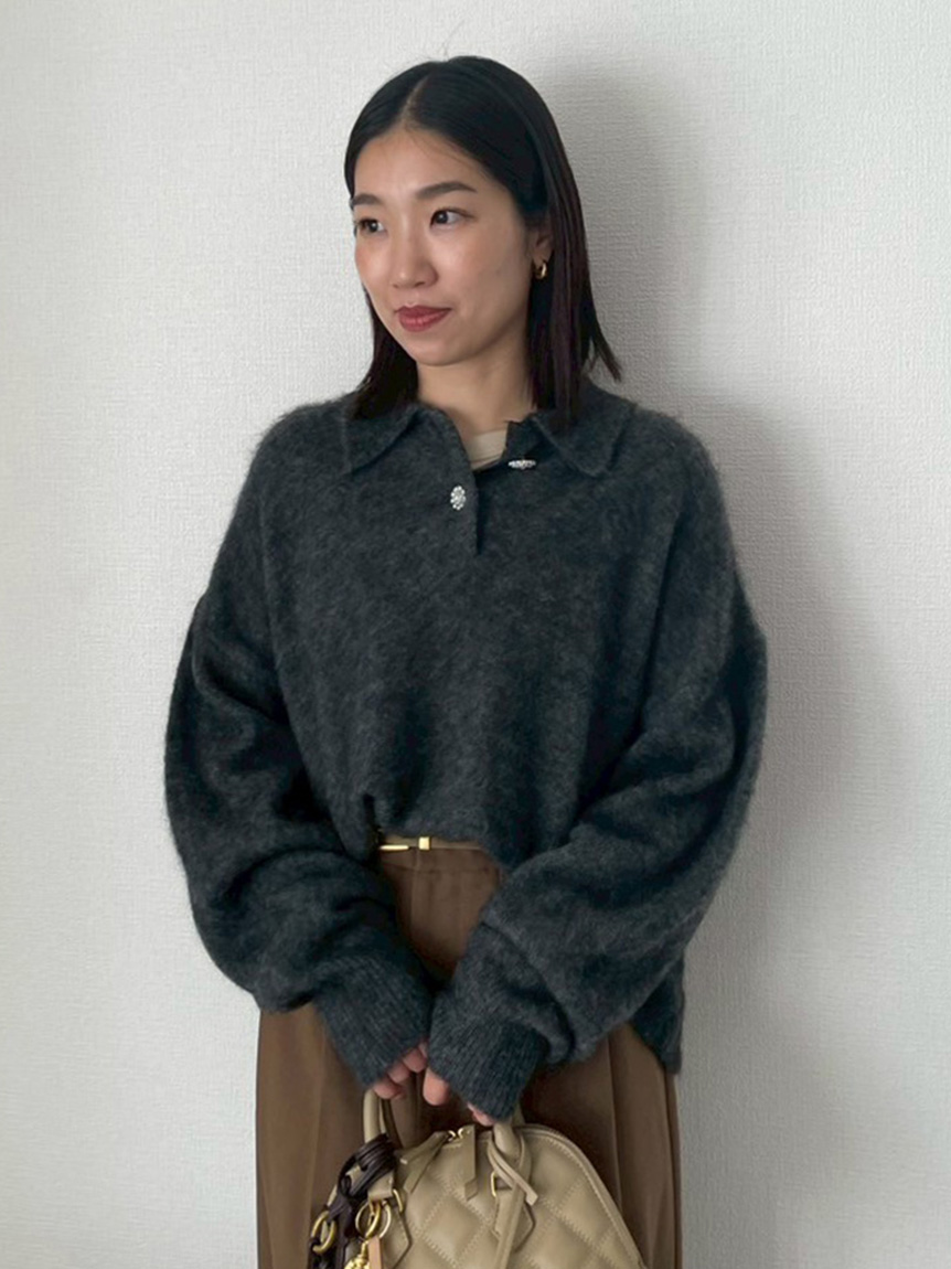 ビジュー釦クロップドポロニットプルオーバー(ニット)｜トップス｜Mila