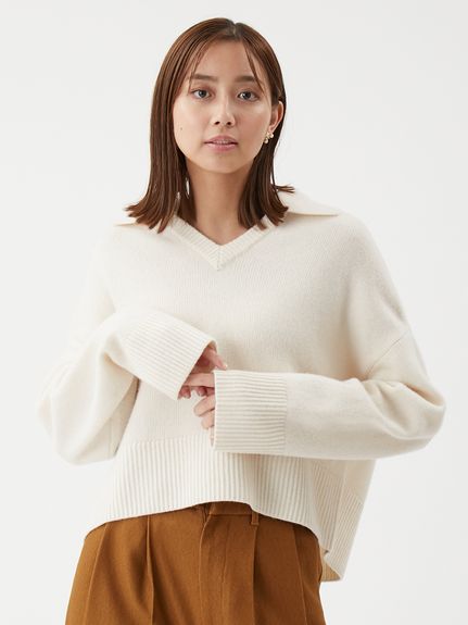 ウールカシミヤ衿付きVネックニット