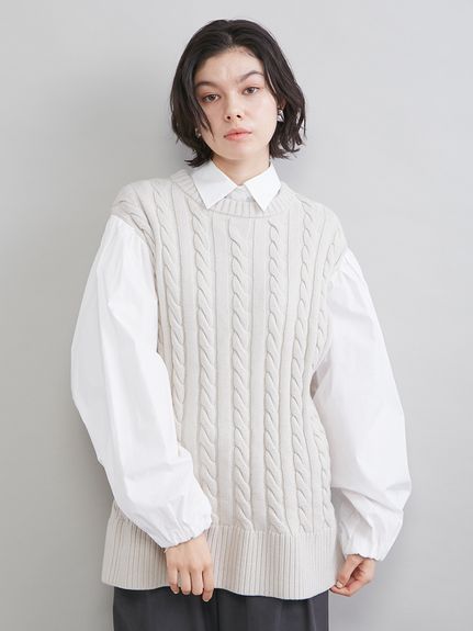 付け衿付きシャツドッキングケーブルニット