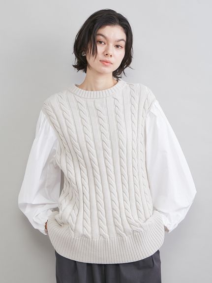 付け衿付きシャツドッキングケーブルニット(ニット)｜トップス｜Mila