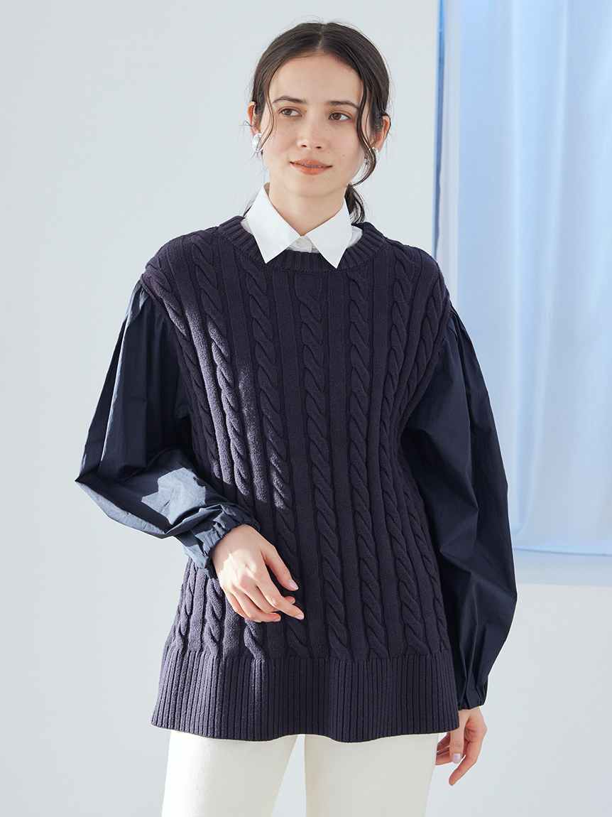 付け衿付きシャツドッキングケーブルニット(ニット)｜トップス｜Mila