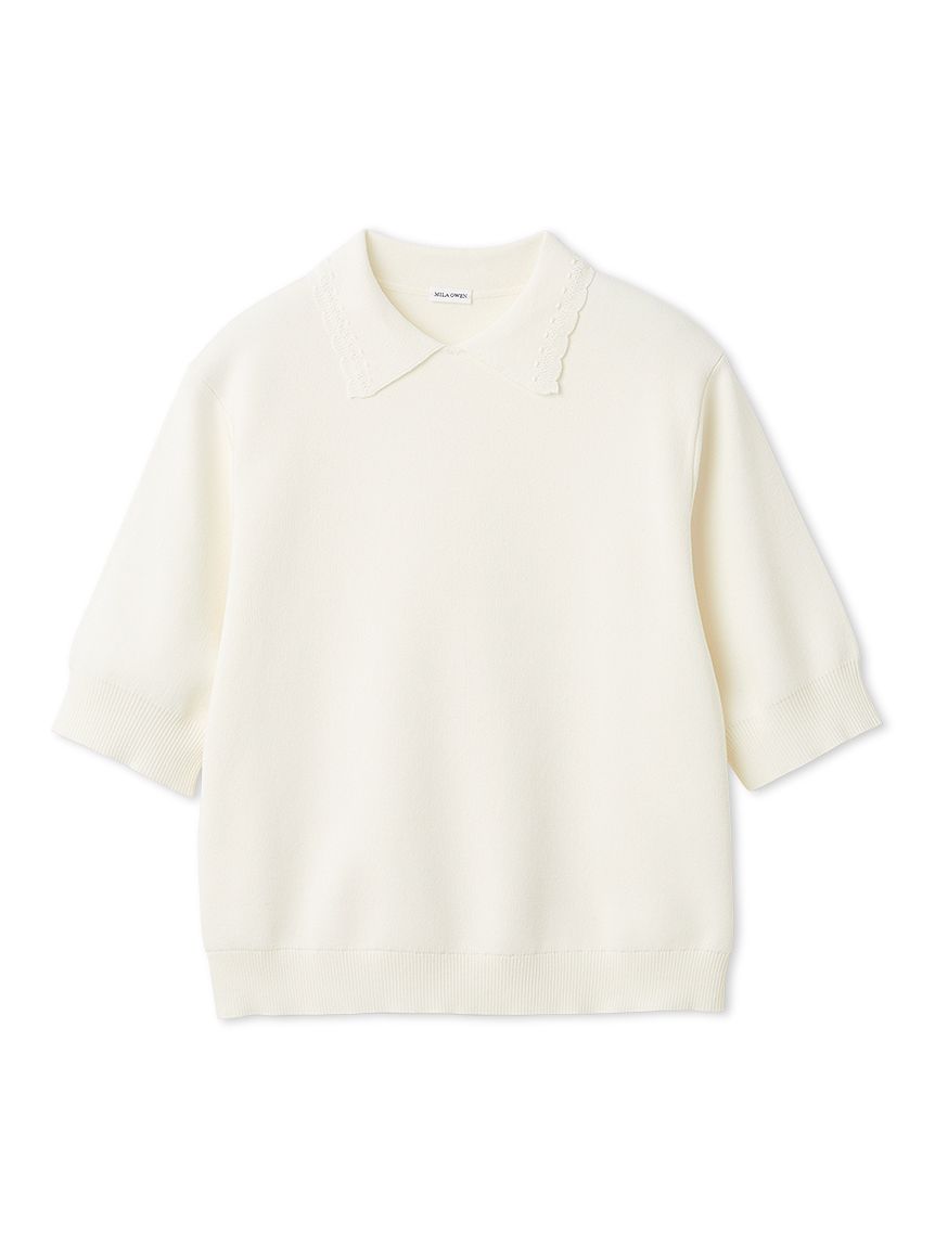 ella selectshop プルオーバー　スカラップニット襟付き　白　洗える ウォッシャブル】【UVカット】スカラップレース衿ニットプルオーバー