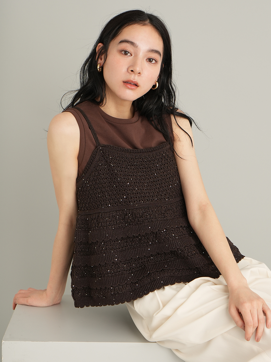 【ウォッシャブル】クロシェニットキャミ×ノースリトップス