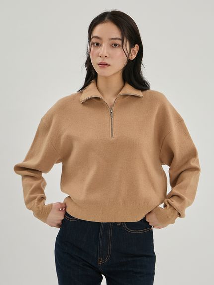 カシミヤ混ハーフジップニットプルオーバー
