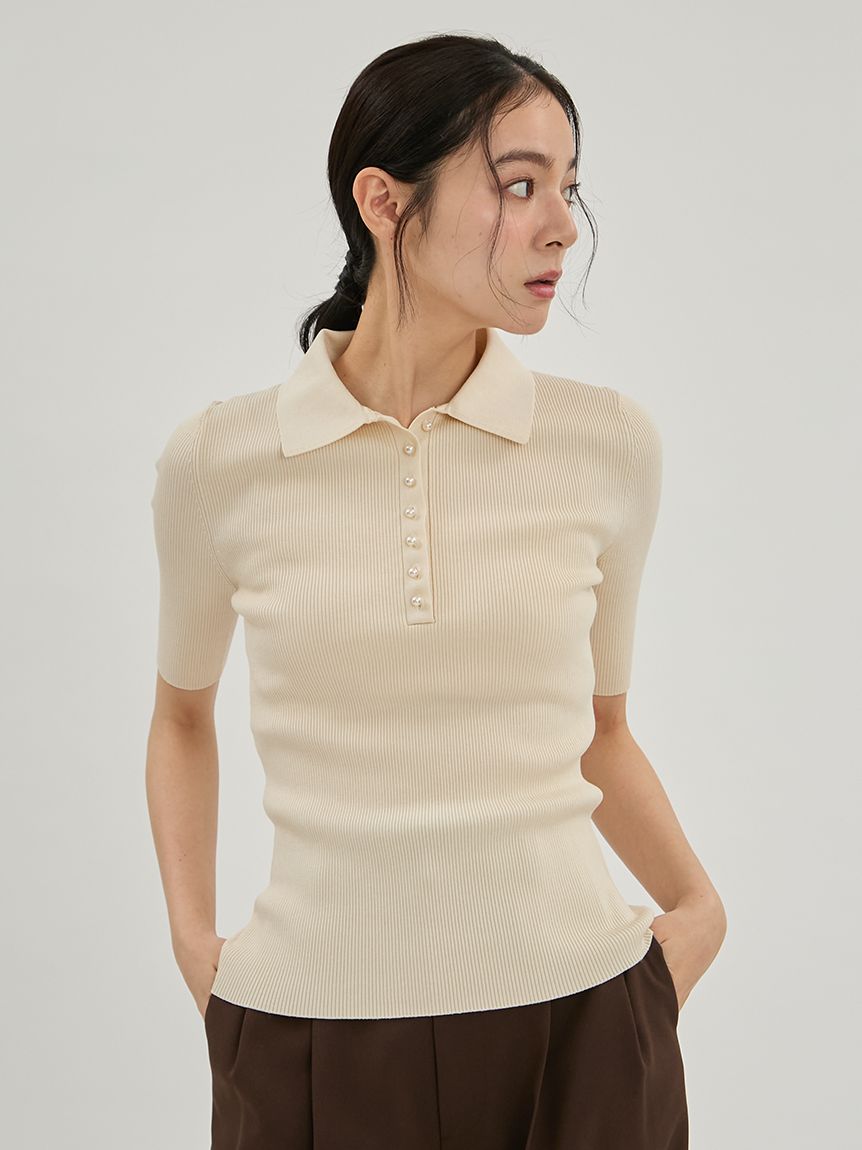 シルクブレンドパール釦ポロニット(ポロシャツ)｜トップス｜Mila Owen