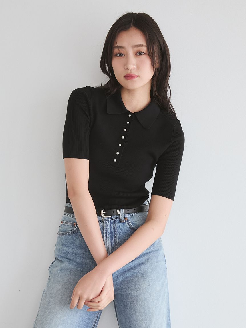 シルクブレンドパール釦ポロニット(ポロシャツ)｜トップス｜Mila Owen