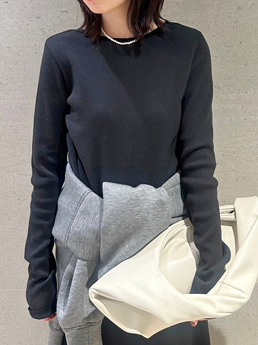 肩パッド付フレアナローワッフルワンピース(マキシ・ロング
