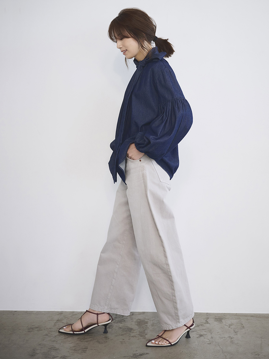 ボウタイ付き袖ボリュームデニムブラウス【マシーンウォッシャブル  