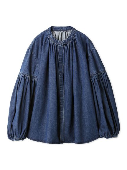 ボウタイ付き袖ボリュームデニムブラウス【マシーンウォッシャブル  