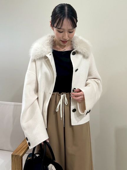 【Mila Owen ミラオーウェン】リバーダブルコート ショート丈 ウール混 2wayファーカラーリバーショートコート(ハーフコート)|アウター