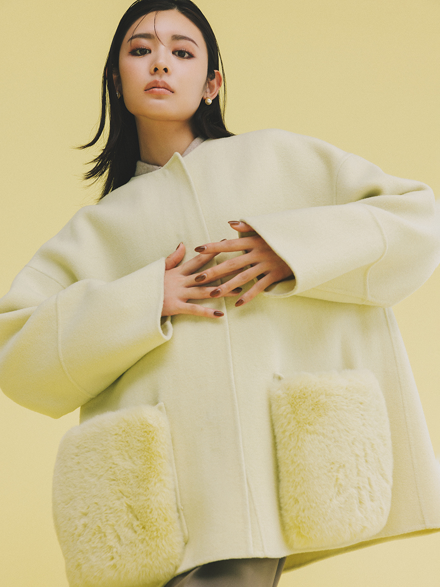 完売　秋冬　MilaOwenファーポケットリバーコート　ブルー　ワンサイズ 完売 秋冬 MilaOwenファーポケットリバーコート ブルー ワン