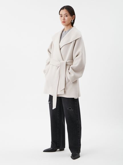 共ベルト付きビックカラーミディ丈コート(ハーフコート