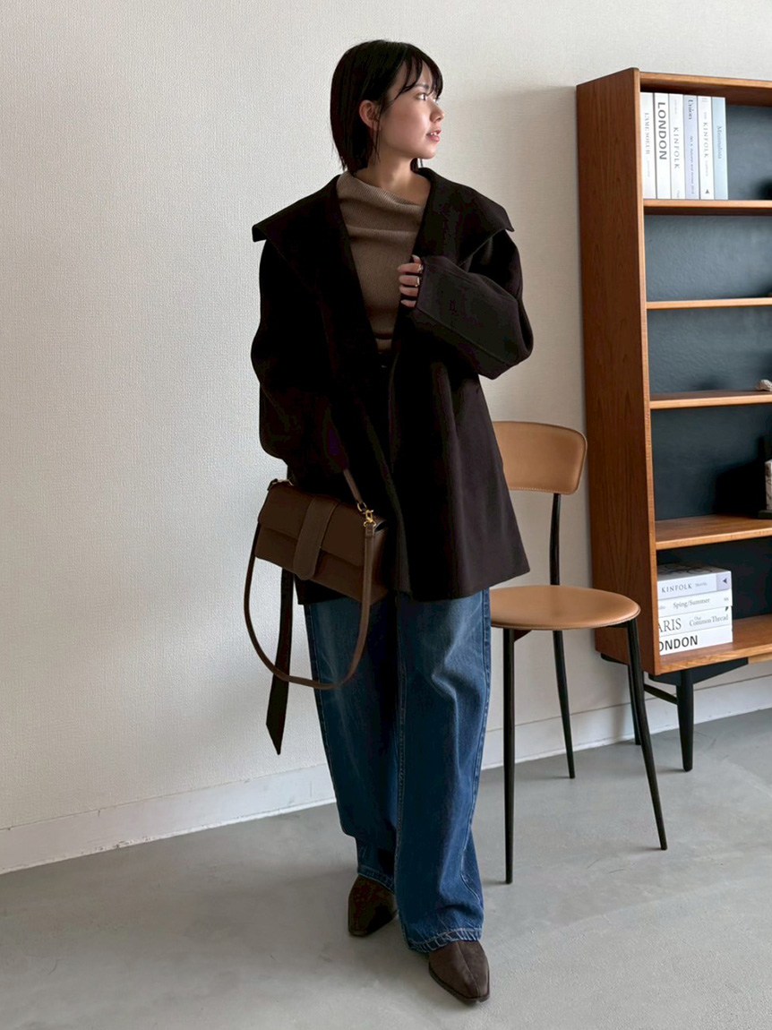 共ベルト付きビックカラーミディ丈コート(ハーフコート)｜アウター