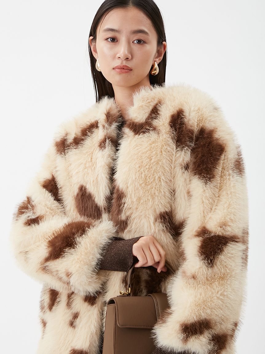 マルチマテリアルノーカラーファーコート(ハーフコート)｜アウター