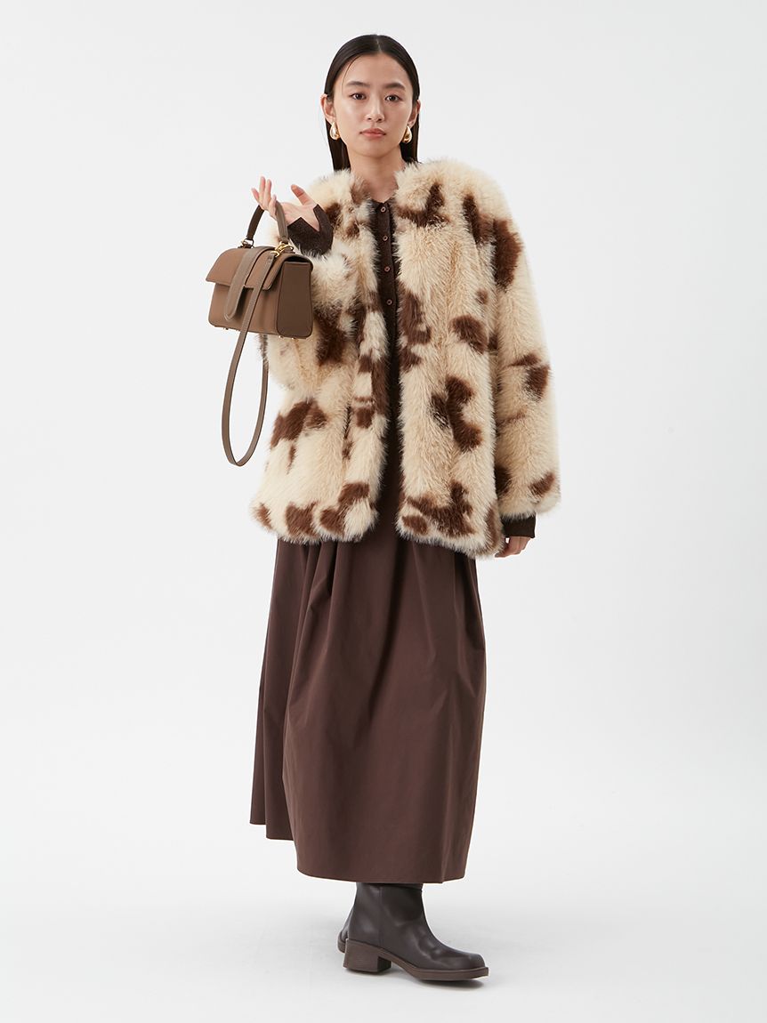 マルチマテリアルノーカラーファーコート(ハーフコート)｜アウター