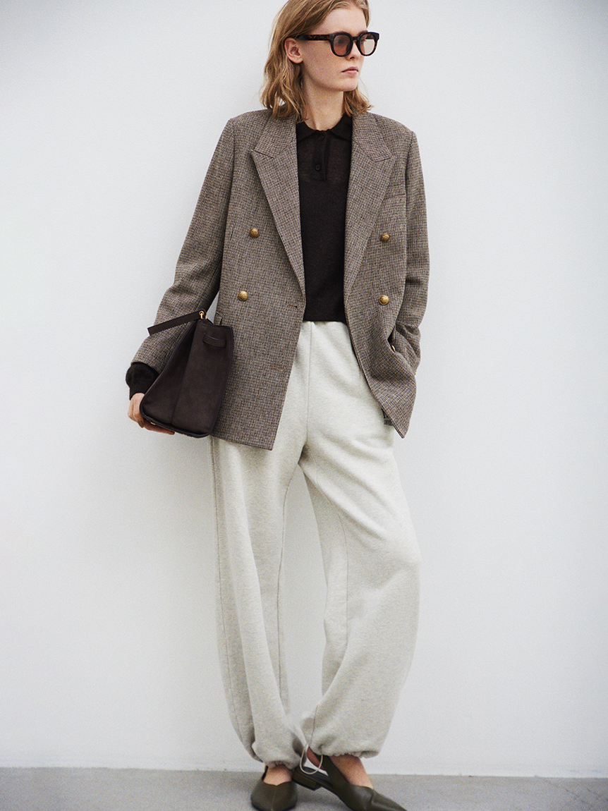 チェック金釦ダブルブレストロングブレザー(テーラードジャケット