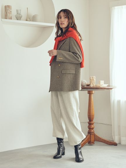 美品✨Mila owen 金釦 チェック ダブル ブレザー ジャケット ブラウン チェック金釦ダブルブレストロングブレザー(テーラード
