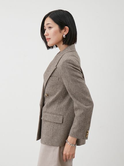 美品✨Mila owen 金釦 チェック ダブル ブレザー ジャケット ブラウン 金釦ダブルブレストツイードロングブレザー(テーラード