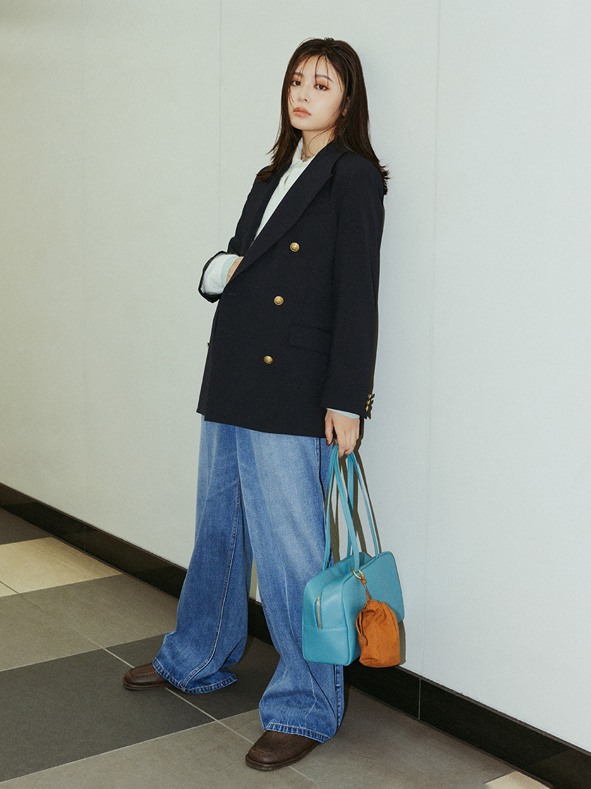 Mila owen 高級 ポンチョ PONTETORTO生地　ブルー 金釦ダブルブレストロングブレザー(テーラードジャケット