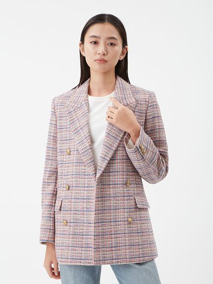 金釦ダブルブレストツイードロングブレザー(ジャケット)｜アウター