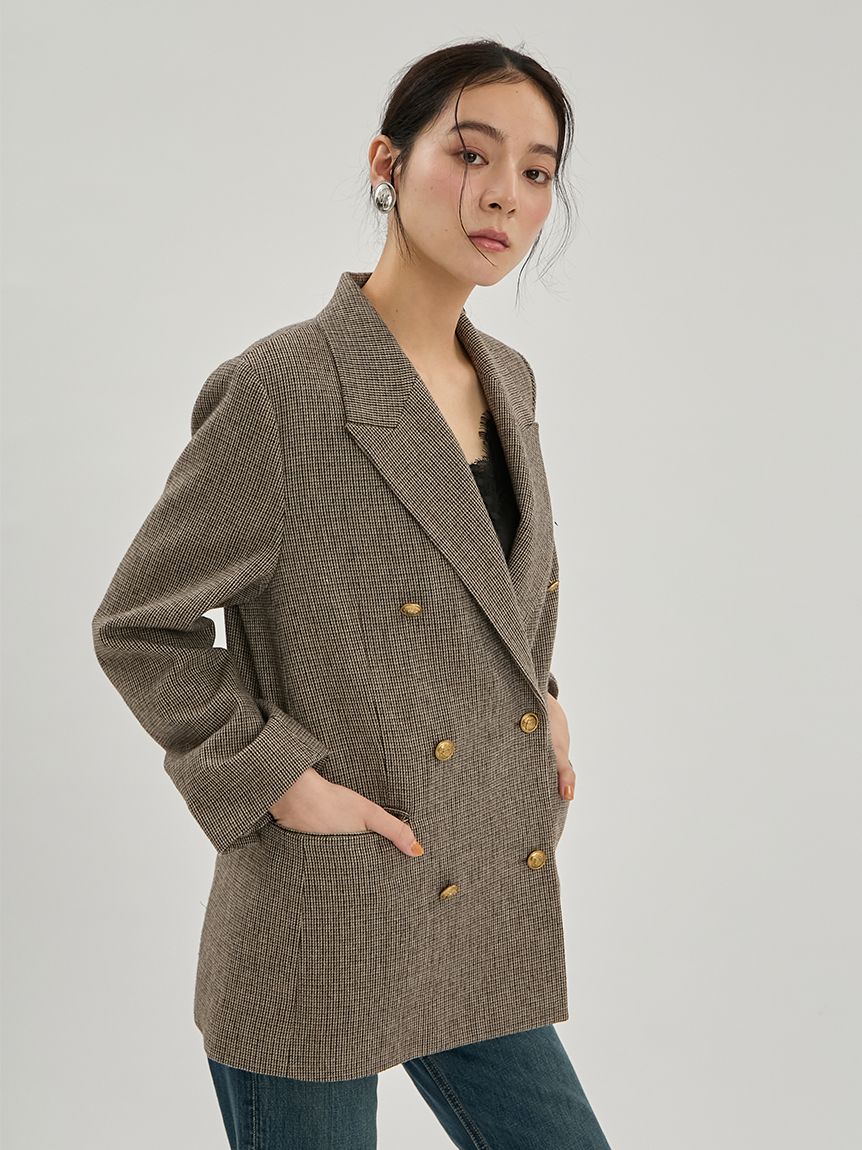 金釦ダブルブレストチェックロングブレザー(テーラードジャケット