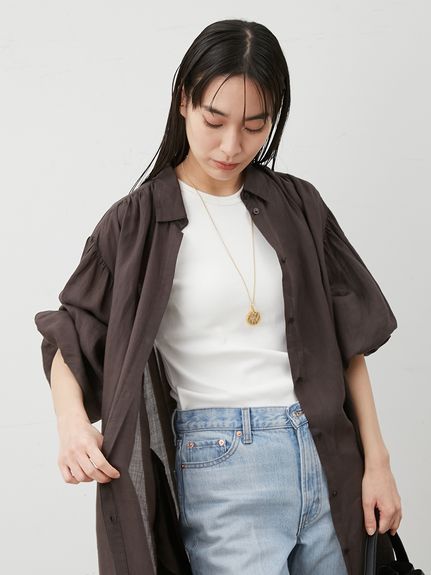 ラミー100％袖ロングシャツワンピース(マキシ・ロングワンピース