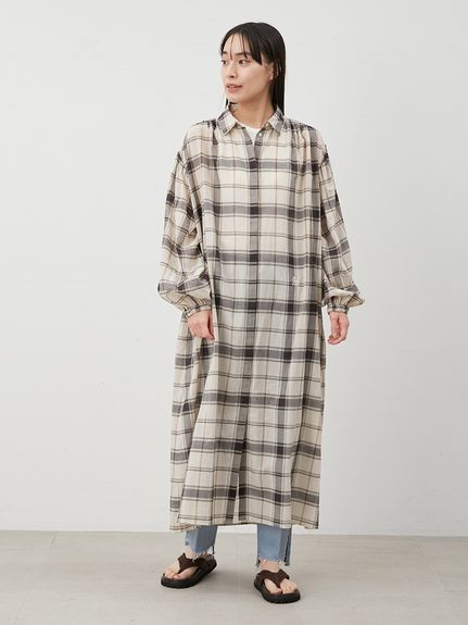 チェック柄袖ボリュームロングシャツワンピース(マキシ・ロング