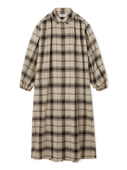 チェック柄袖ボリュームロングシャツワンピース(マキシ・ロング