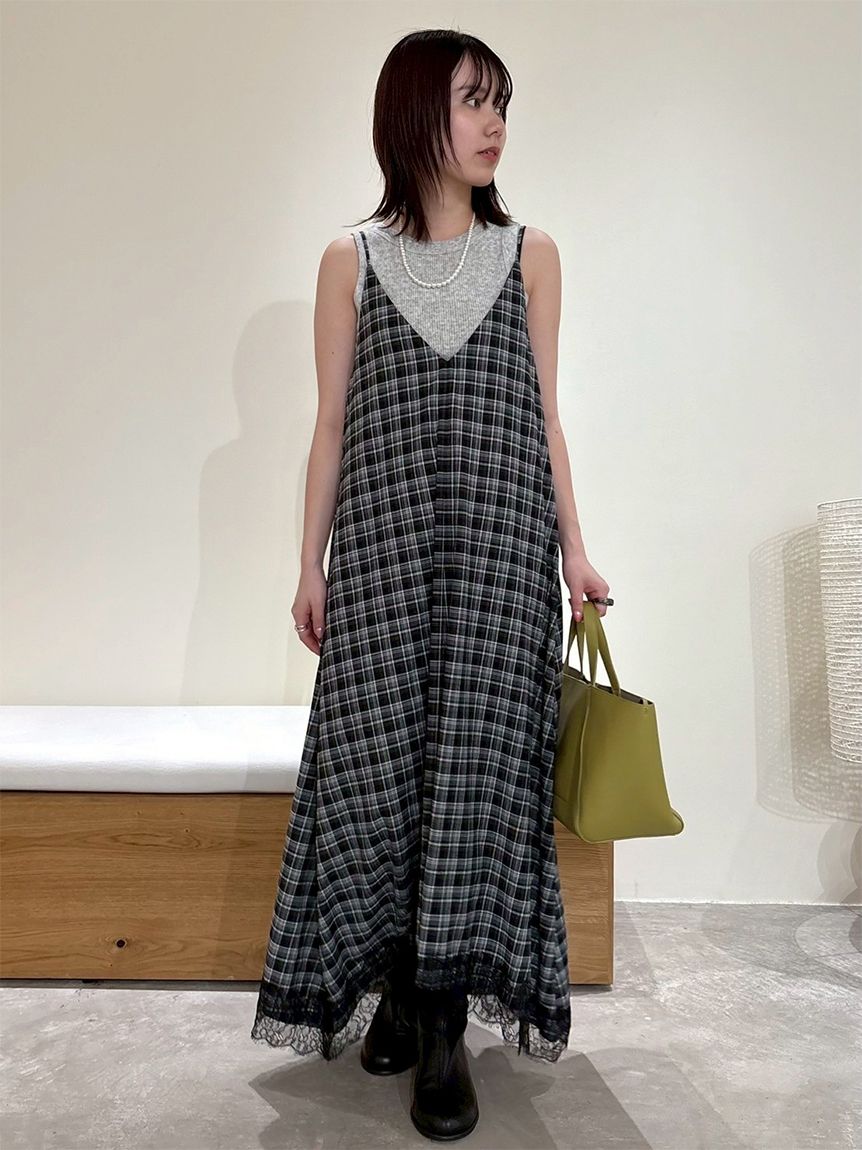 サテンレーストリミングナローキャミワンピース(キャミ