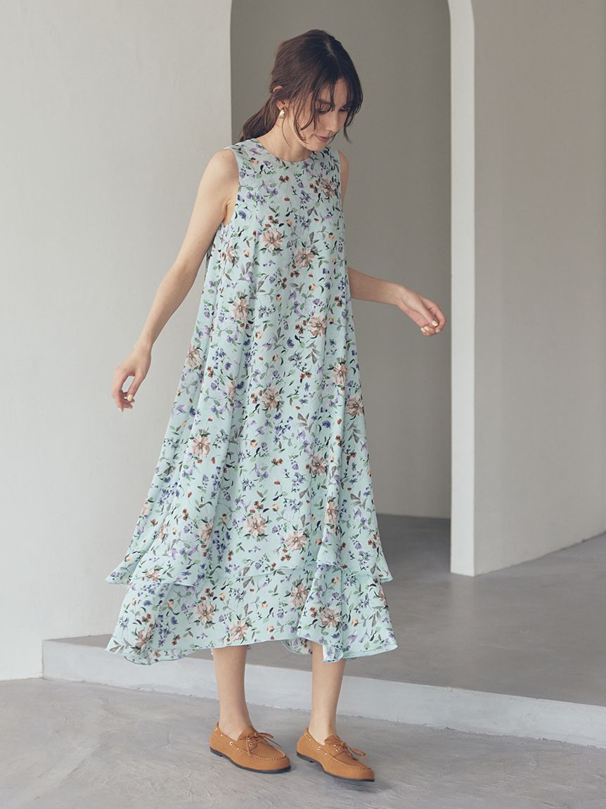 フラワープリントヘムレイヤードワンピース(マキシ・ロングワンピース