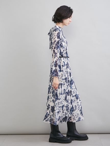 プリーツ花柄ベルト付きワンピース(マキシ・ロングワンピース