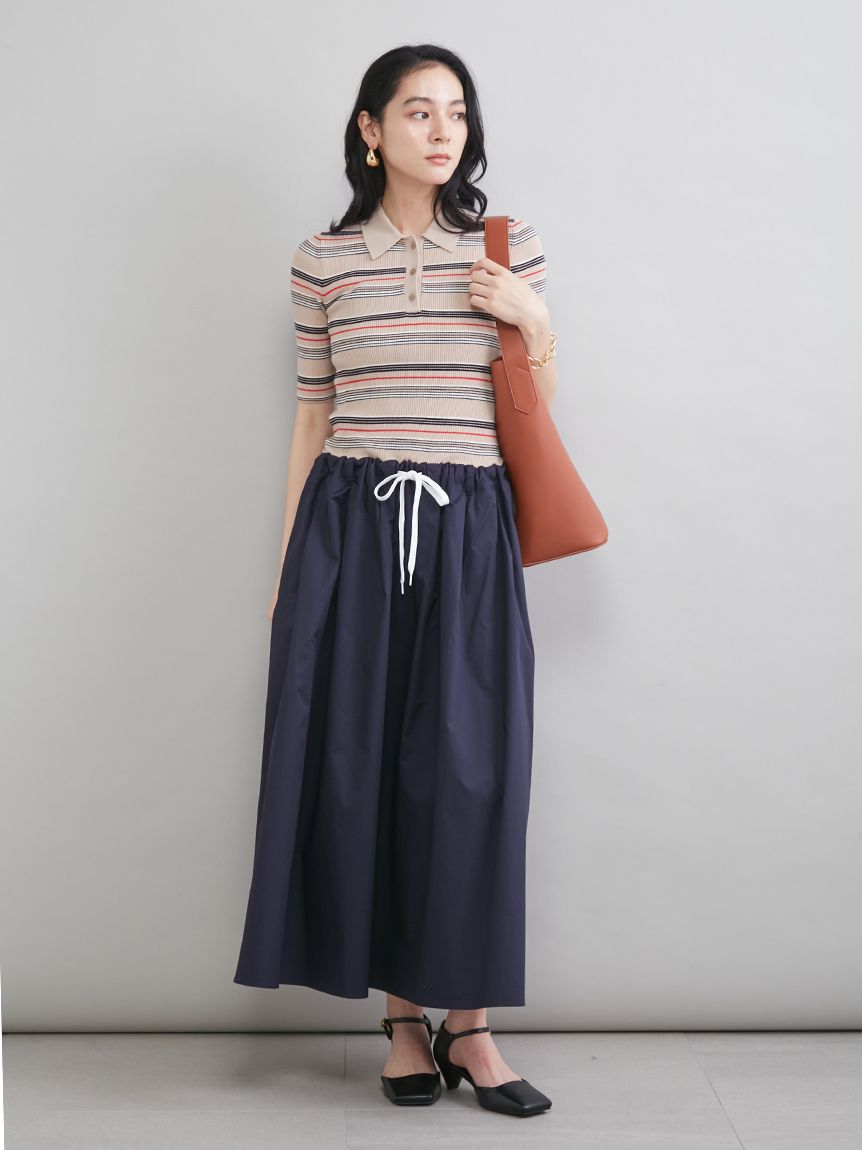 WEB＆一部店舗限定カラー】ポロニット×タックフレアスカートドッキング