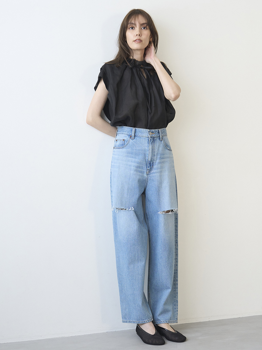 WEB限定00サイズ】ワイドテーパードカットアウトデニムパンツ