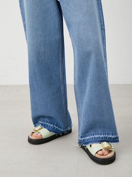 ウォッシャブル】撥水加工カットオフワイドデニムパンツ(デニム
