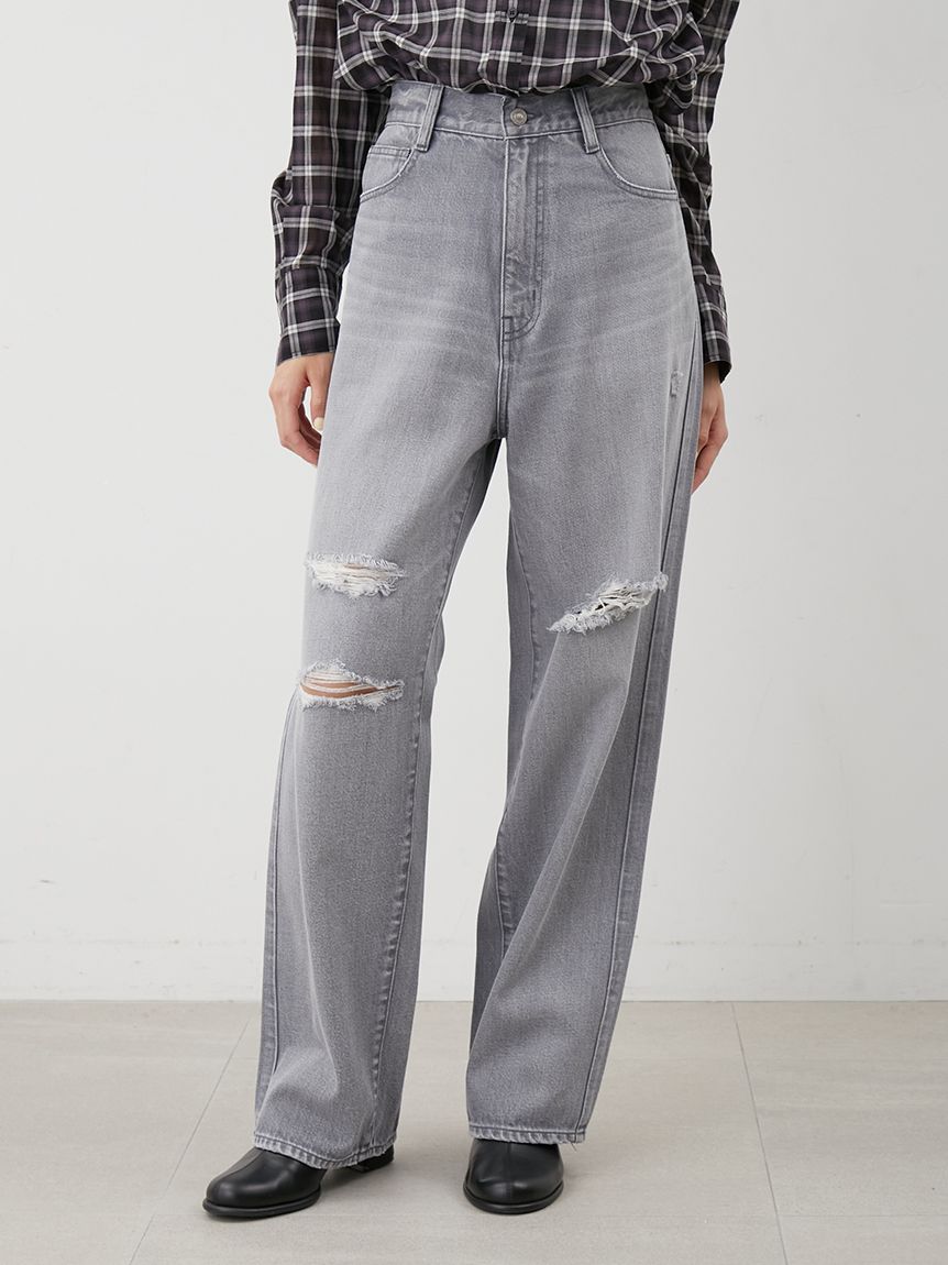 ダメージ加工ルーズストレートデニムパンツ(デニムパンツ)｜パンツ