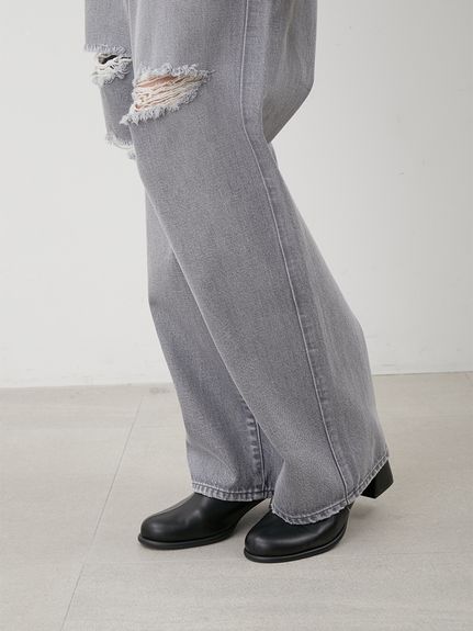 ダメージ加工ルーズストレートデニムパンツ(デニムパンツ)｜パンツ