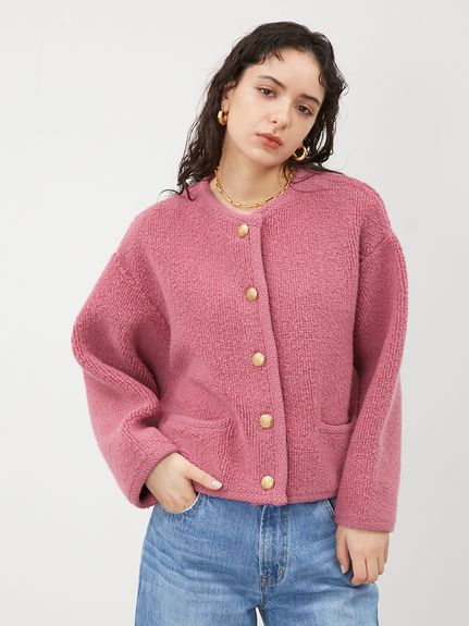 ミラオーウェン　パイル編みショート丈金釦ニットジャケット