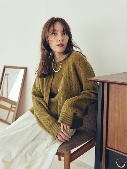 セットアップ対応】カシミヤタッチケーブルニットカーディガン