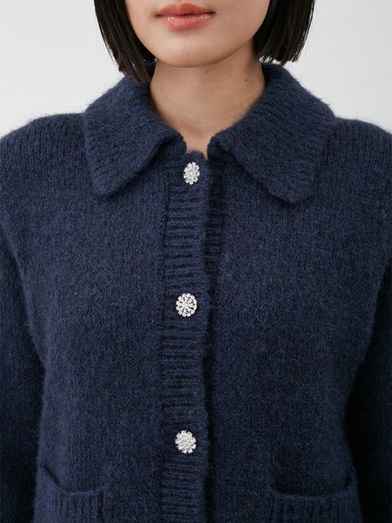 ビジューボタンシャギーポロニットカーディガン(カーディガン