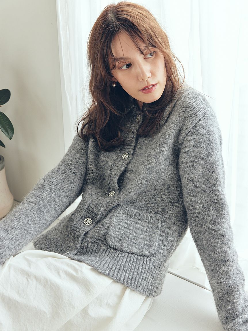 ビジューボタンシャギーポロニットカーディガン(カーディガン