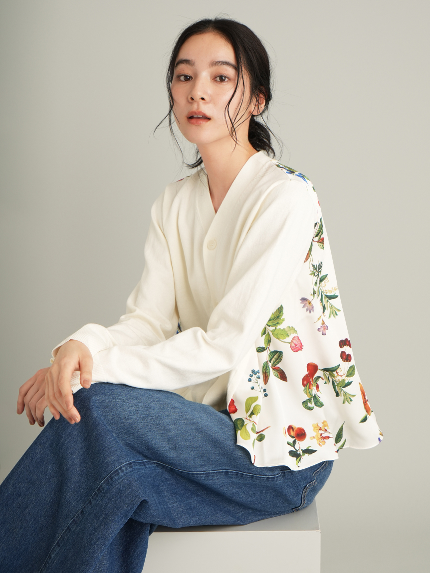 WEB限定カラー】カシミヤコットンボタニカルドッキングカーディガン