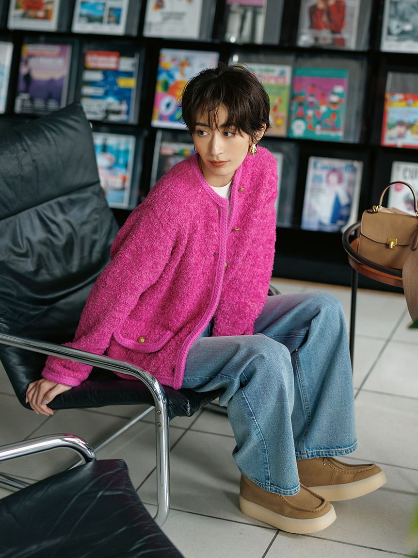 金釦テディラメニットジャケット(ノーカラージャケット)｜アウター