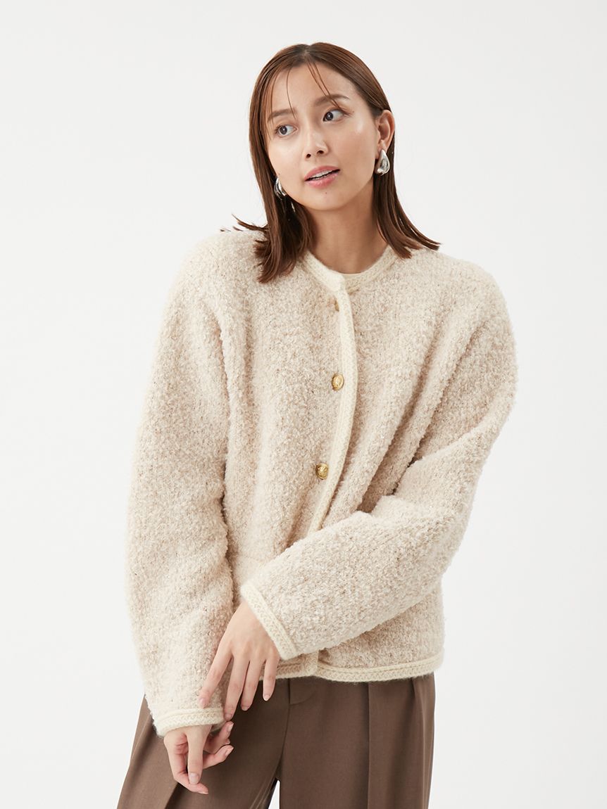 金釦テディラメニットジャケット(ノーカラージャケット)｜アウター