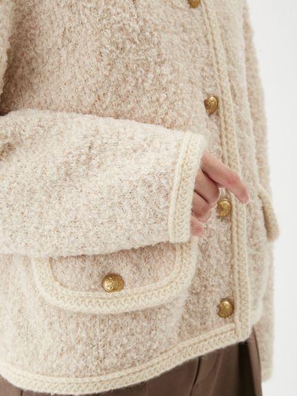 金釦テディラメニットジャケット(ノーカラージャケット)｜アウター