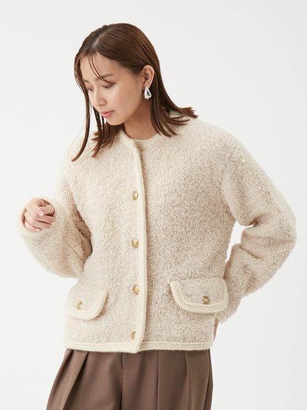 金釦テディラメニットジャケット(ノーカラージャケット)｜アウター