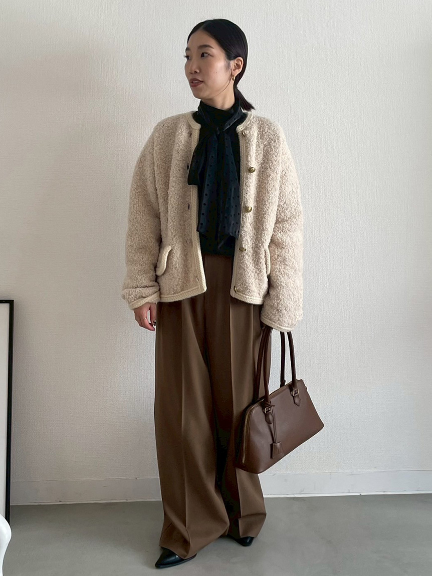 金釦テディラメニットジャケット(ノーカラージャケット)｜アウター