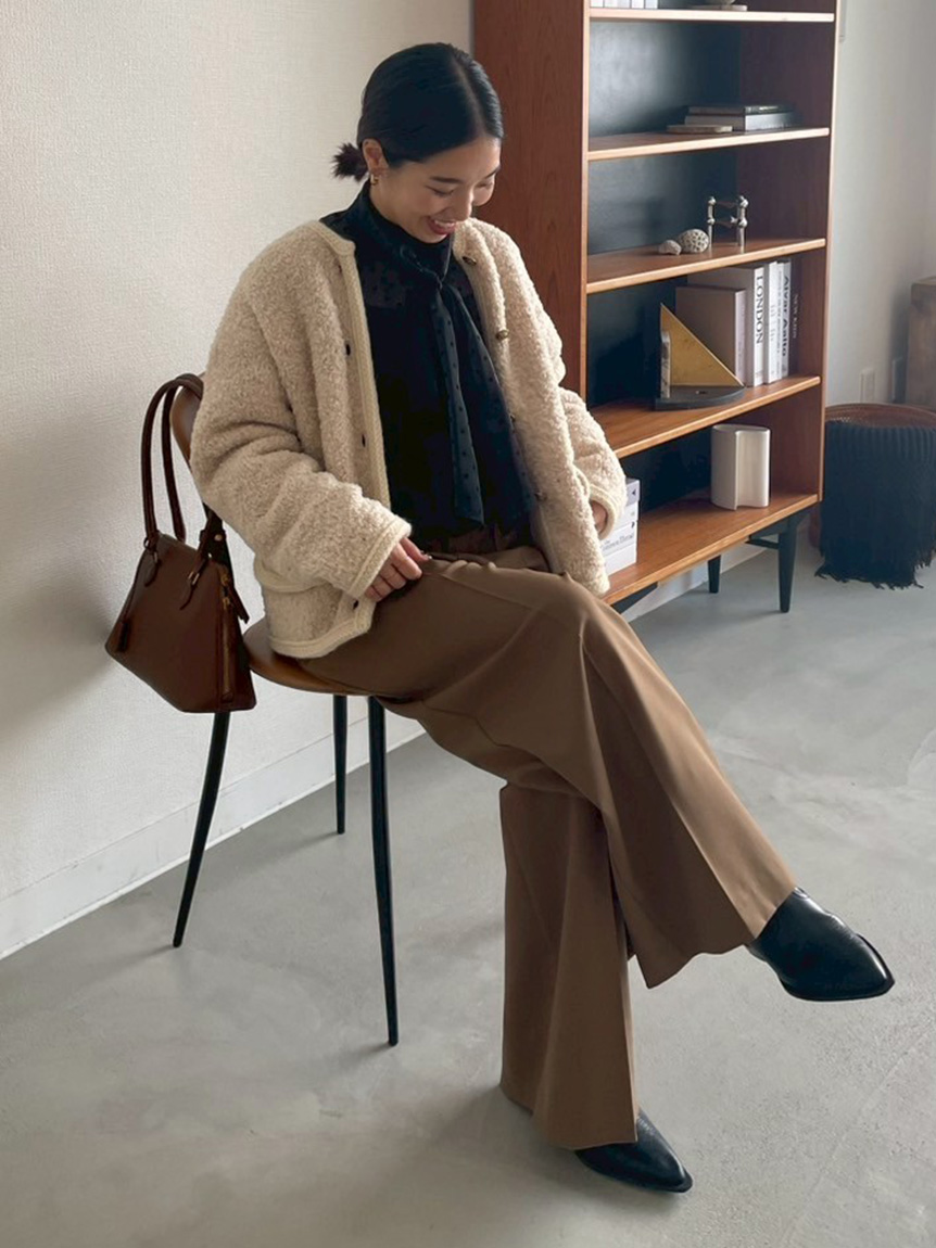 金釦テディラメニットジャケット(ノーカラージャケット)｜アウター