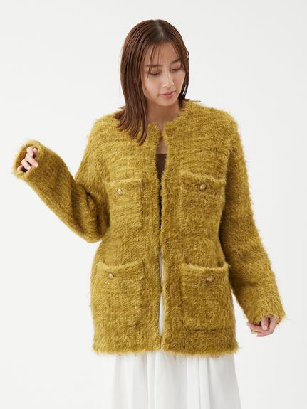 金釦ラメシャギーツイードニットジャケット(ノーカラージャケット