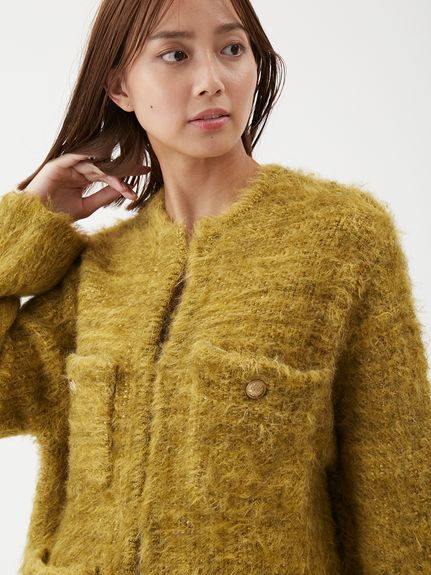 金釦ラメシャギーツイードニットジャケット(ノーカラー