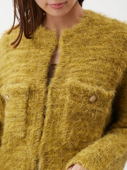 金釦ラメシャギーツイードニットジャケット(ノーカラージャケット